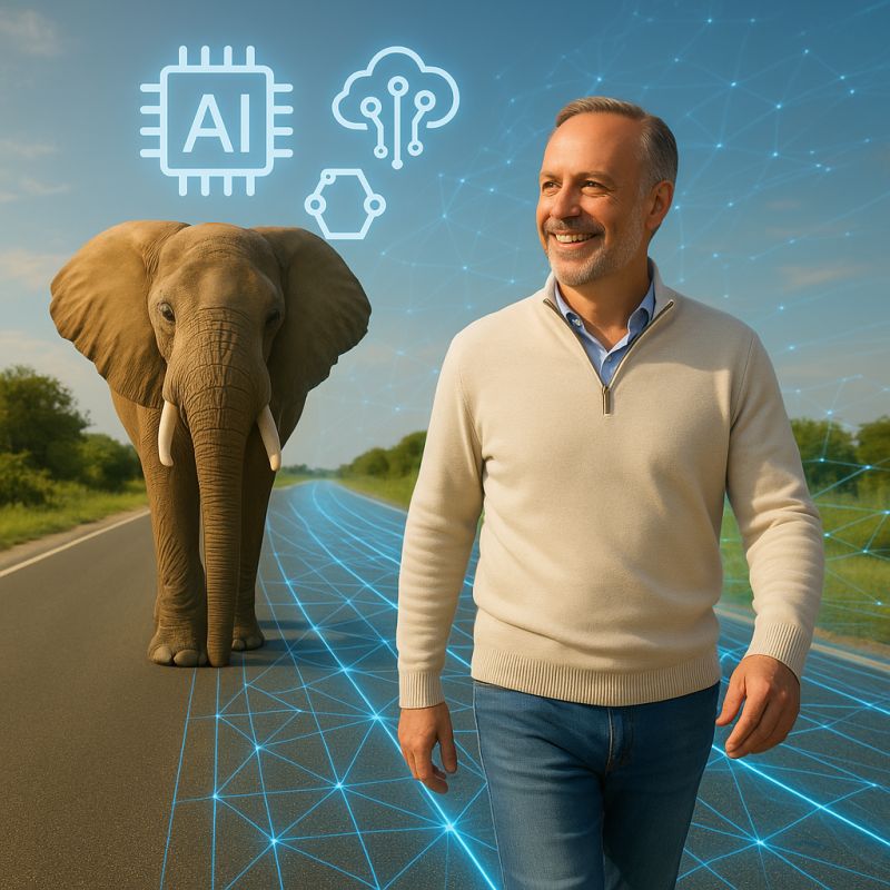 Arnold van der Veen Meerstadt op een digitale snelweg naast een olifant, met zwevende AI-symbolen