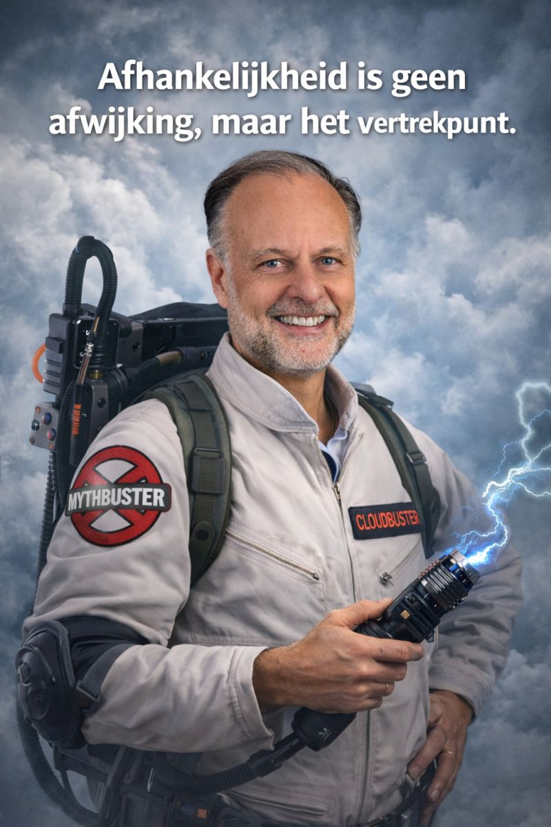 Arnold van der Veen Meerstadt als Cloudbuster in een Ghostbusters-outfit met Mythbuster-embleem, met de tekst Afhankelijkheid is geen afwijking, maar het vertrekpunt