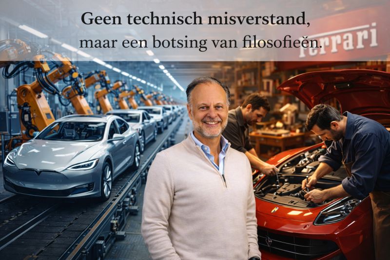 Arnold van der Veen Meerstadt tussen een geautomatiseerde autofabriek en een ambachtelijke garage, met de tekst Geen technisch misverstand, maar een botsing van filosofieën