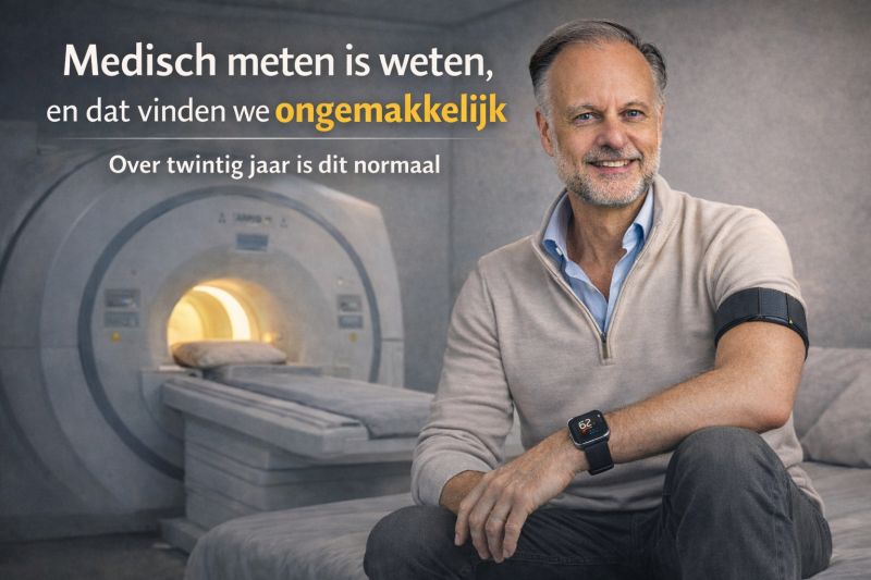 Arnold van der Veen Meerstadt bij een MRI-scanner met een smartwatch en meetband, met de tekst Medisch meten is weten en dat vinden we ongemakkelijk