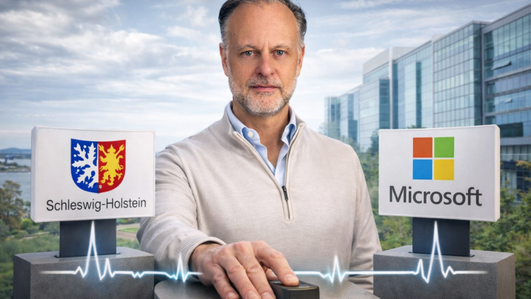 Arnold van der Veen Meerstadt tussen borden van Schleswig-Holstein en Microsoft, verbonden door een hartslaglijn