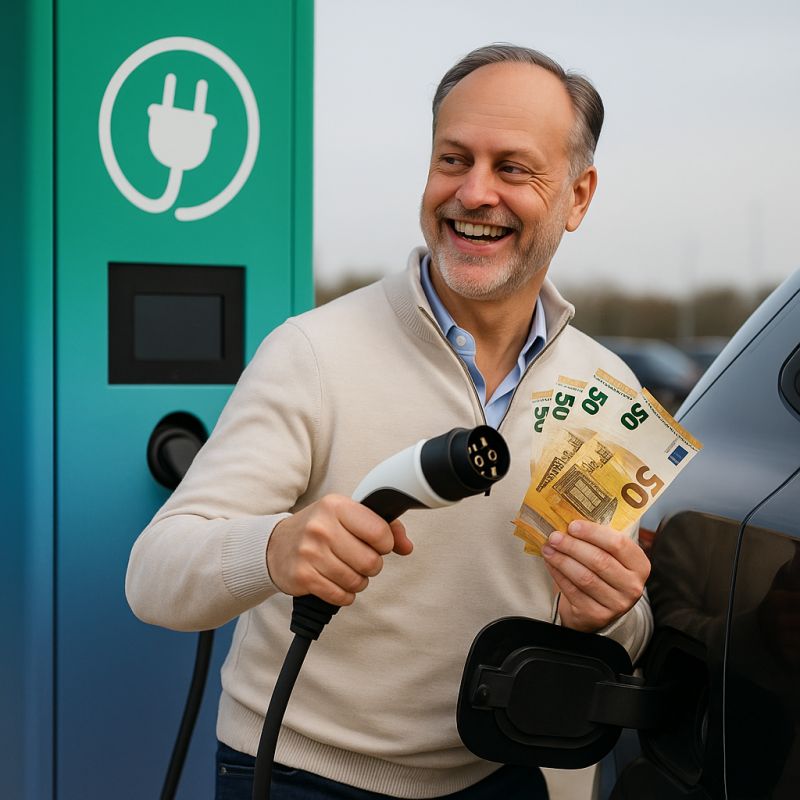 Arnold van der Veen Meerstadt bij een laadpaal met een laadstekker in de ene hand en briefjes van vijftig euro in de andere